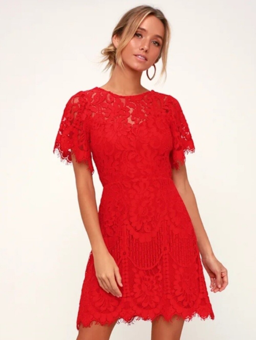 Lulu's Vibrant Red Floral Lace Mini Dress